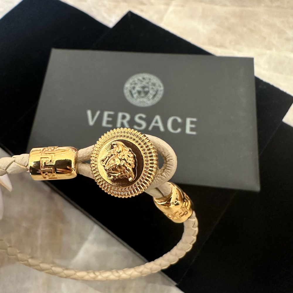 Versace Unisex Beige/Cream Braided Leather Bracelet w/ Gold Medusa Head Details - Picture 3 of 8